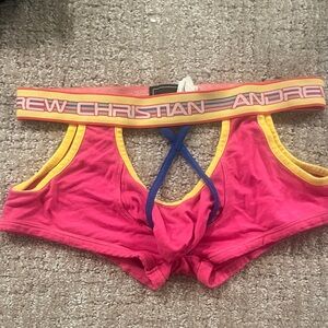 Andrew Christian Pink Boxer Briefs with Yellow Trim and Blue Straps